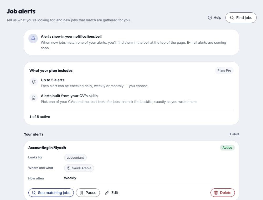 The job alerts page