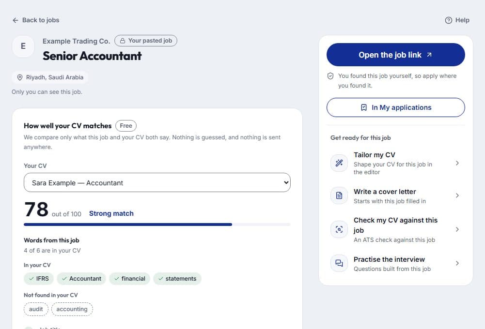 A job page with its actions