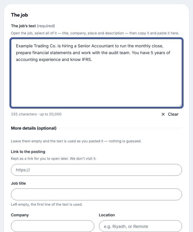 The form for adding a job found on another site