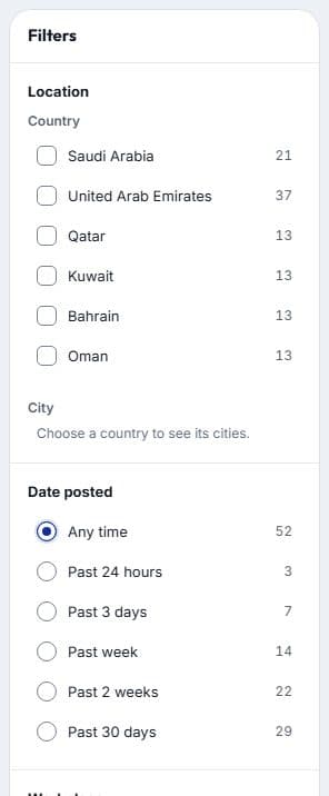 The filters, with the number of jobs beside each option