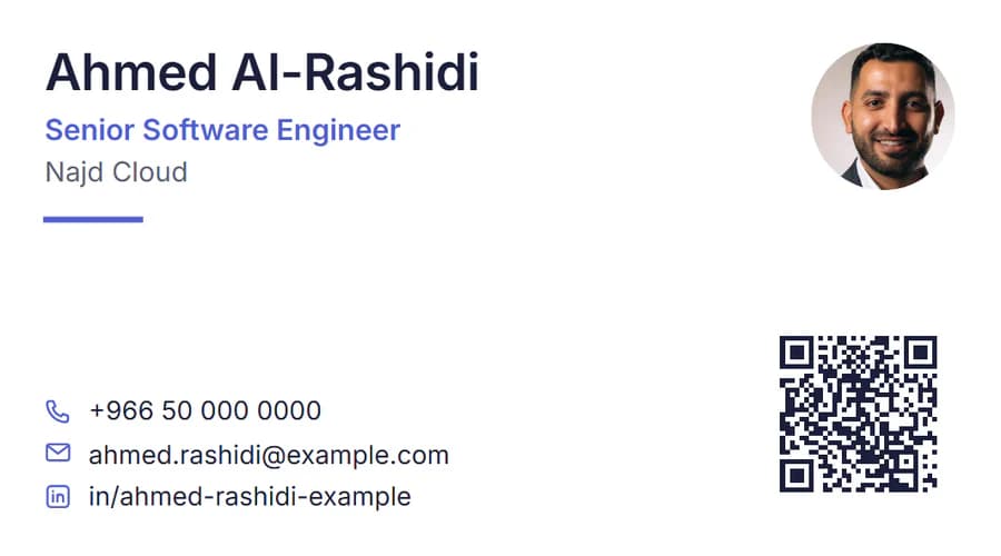 Ahmed Al-Rashidi's demo card, English front: name, job title, company, contact details and a small QR code