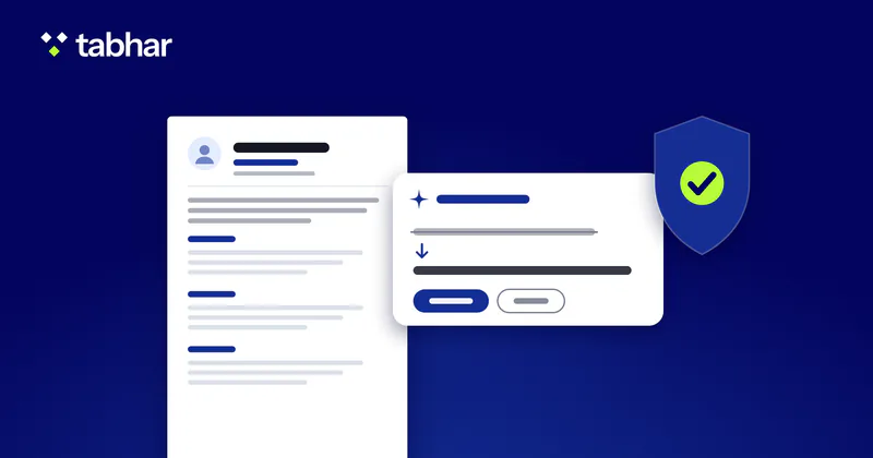 Illustration: a CV page with a suggestion card showing a line before and after an edit, and a shield with a check mark.