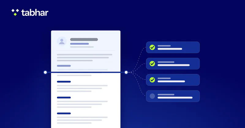Illustration: a CV page passing under a scanning line, its sections read into fields with check marks.