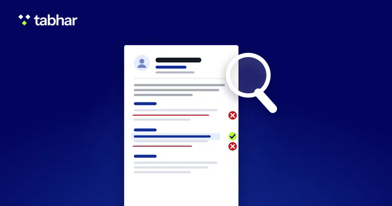 Illustration: a CV page with two lines marked as errors and one line corrected and checked.