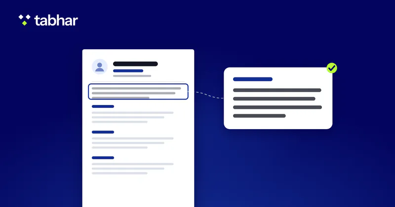 Illustration: a CV page with the summary at the top framed, and an enlarged copy of it beside the page.