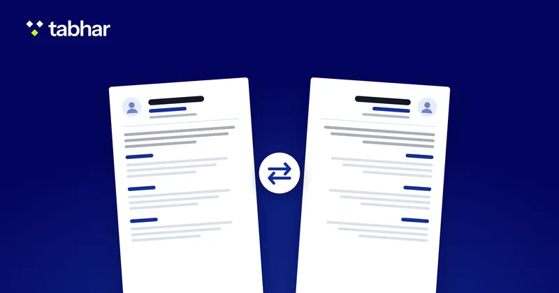 Illustration: two CV pages side by side, one laid out left to right and one right to left, joined by a two-way arrow.