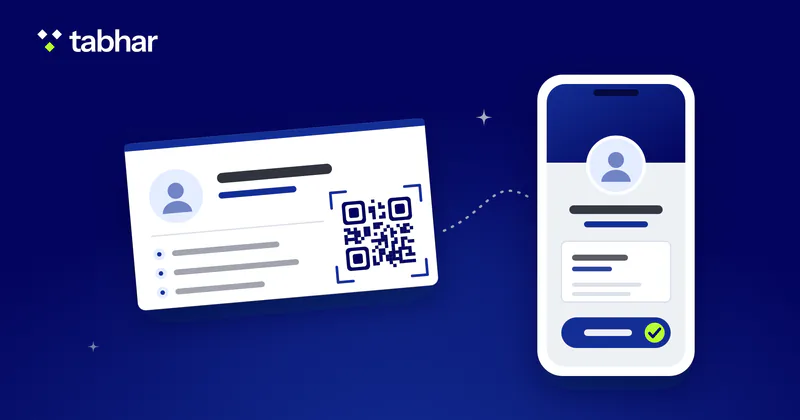 Illustration: a business card with a QR code, scanned by a phone that opens the card’s page with a button to save the contact.