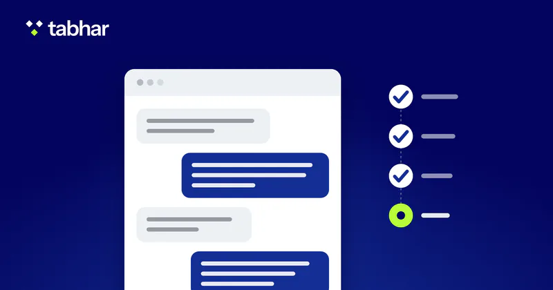 Illustration: a chat window of interview questions and answers, beside four connected steps.
