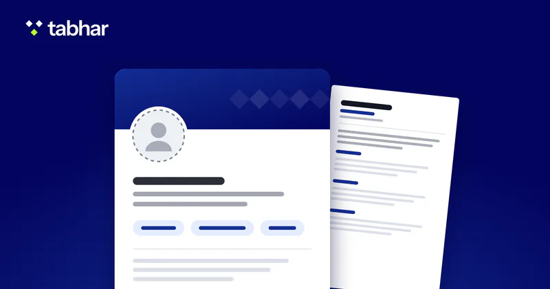 Illustration: a professional profile card with a banner, an empty profile-picture outline and skill tags, in front of a CV page.