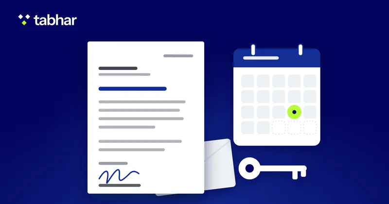 Illustration: a signed letter in front of an envelope, beside a calendar with the last working day marked and a key for the handover.