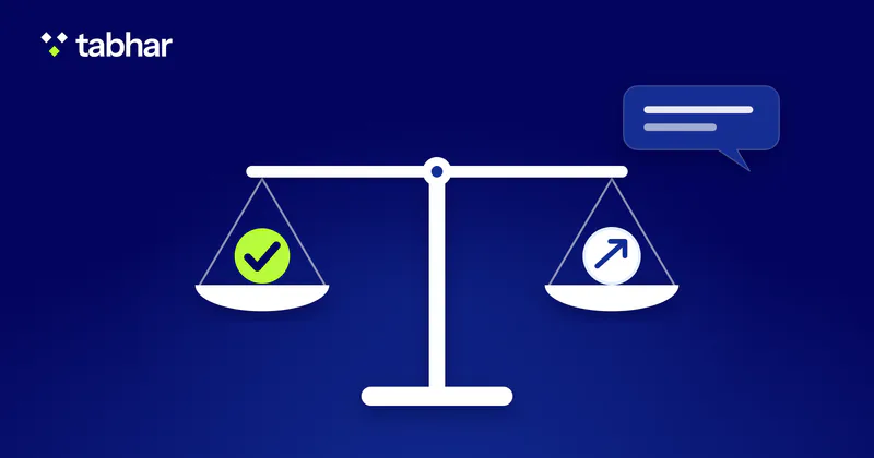 Illustration: a balance scale with a check mark on one pan and a rising arrow on the other, beside an interview speech bubble.