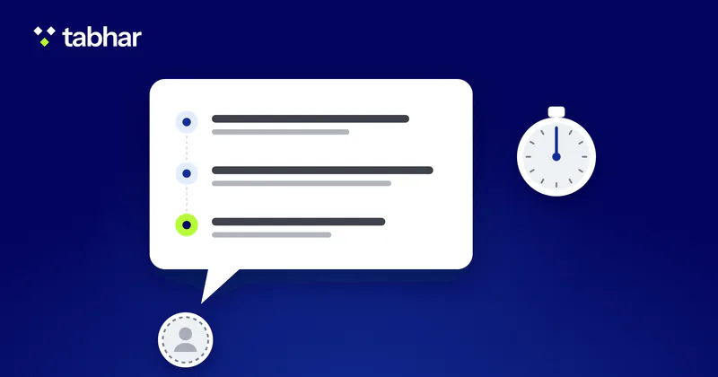 Illustration: a speech bubble holding an answer in three short, ordered parts, an empty profile-picture outline and a stopwatch.