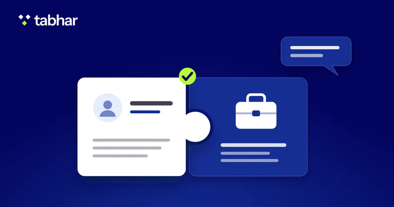 Illustration: two puzzle pieces that fit, one with an empty profile-picture outline and one with a briefcase, beside an interview speech bubble.