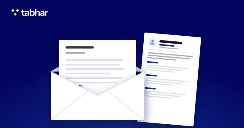 Illustration: a letter sliding out of an open envelope, in front of a CV page.