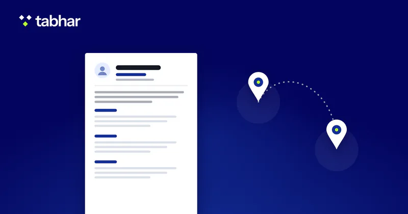 Illustration: a CV page with two location pins joined by a dotted route.
