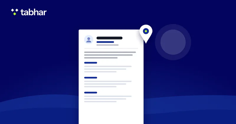 Illustration: a CV page with a location pin, over a horizon of sand dunes and a sun.