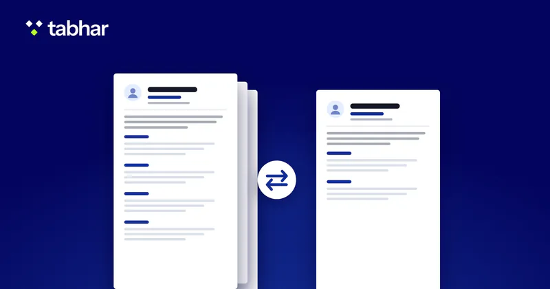 Illustration: a stack of several CV pages beside a single one-page resume, with a two-way arrow between them.