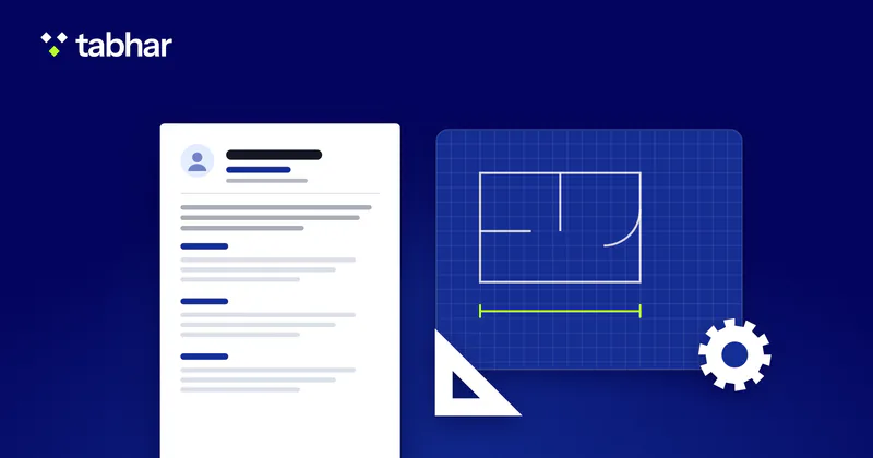 Illustration: a CV page beside a blueprint grid, a gear and a set square.