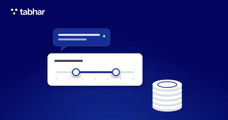 Illustration: a salary range slider with two handles, a stack of coins and a speech bubble.